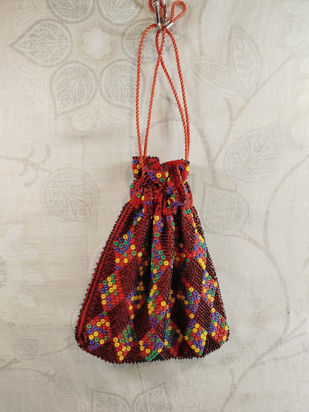 Beaded Drawstring Pouch Bag in Red with Multicolor Sequins